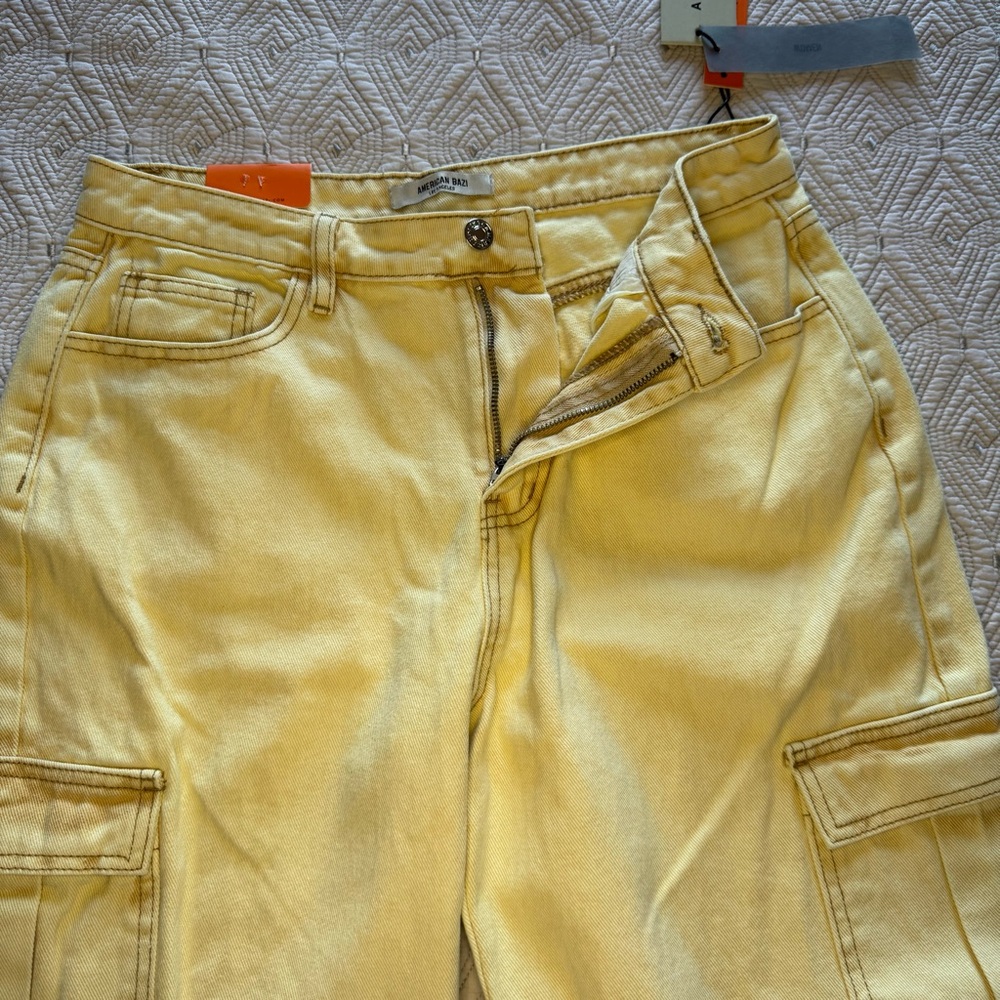 New American Bazi CROPPED CARGO JEANS In TAN WASH Yellow Wide Leg Women’s Size M - Picture 7 of 11